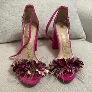 Sam Edelman pink heels with feathers and sequin